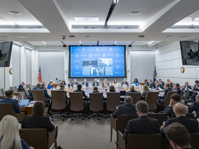 Federal Open Market Committee (FOMC) participants gather at the William McChesney Martin Jr. Building in Washington, D.C., for a two-day meeting held on September 20-21, 2022. Please note: Confidential documents seen in this photo have been obscured.